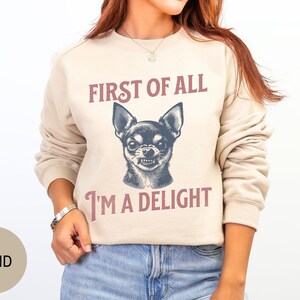 Retro First of All I'm a Delight Chihuahua Sweatshirt, Funny Chihuahua Shirt, Chihuahua Dog Mom Hoodie, Vintage Sarcastic Dog Mom Crewneck afbeelding 9