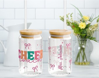 Custom Cheer Coach Iced Coffee Glass Cup, Personalized Cheer Coach Gift, Unique Coach Gift for Cheerleading Coach Glass Tumbler with Straw