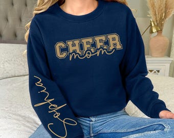 Custom Cheer Mom Sweatshirt Personalized Name On Sleeve, Custom Mom Cheerleading Shirt for Game Day, Cheer Crewneck, Gold Cheer Mom Sweater
