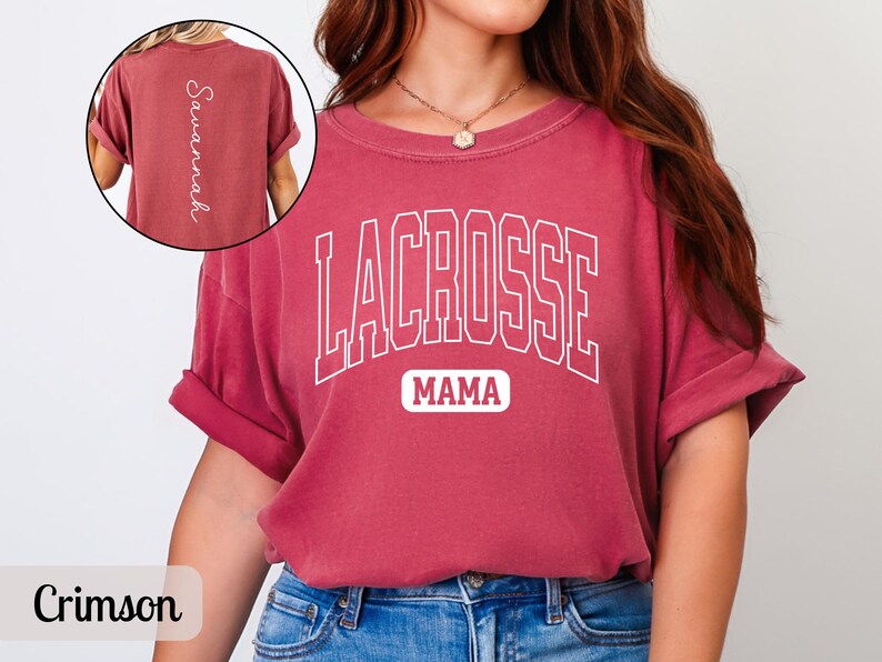 Custom Lacrosse Mom Shirt Comfort Colors, Personalized Name Lacrosse Mama Tshirt Womens Lacrosse Long Sleeve T Shirt Gift for Sports Mom Tee Crimson