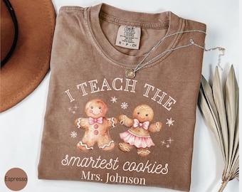 Cute Christmas Teacher Comfort Colors Shirt, Custom Teacher Christmas Tee, Gingerbread Teacher Tshirt, School Holiday Xmas Teacher T-Shirt