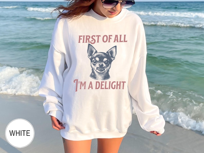 Retro First of All I'm a Delight Chihuahua Sweatshirt, Funny Chihuahua Shirt, Chihuahua Dog Mom Hoodie, Vintage Sarcastic Dog Mom Crewneck afbeelding 1
