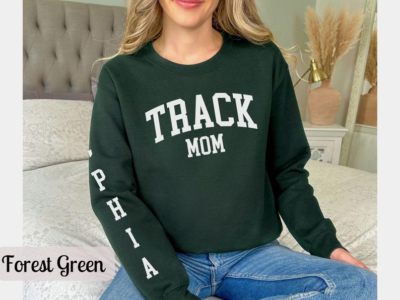 Custom Track Mom Sweatshirt with Name, Track and Field Shirt for Mama Birthday, Girl Track Gift for Mom, Track Team Sweater Track Sweatshirt Forest Green
