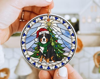Custom Bernese Mountain Dog Ornament, Ceramic Faux Stained Glass Berner Dog Christmas Ornament, Dog First Christmas Ornament, Xmas Keepsake