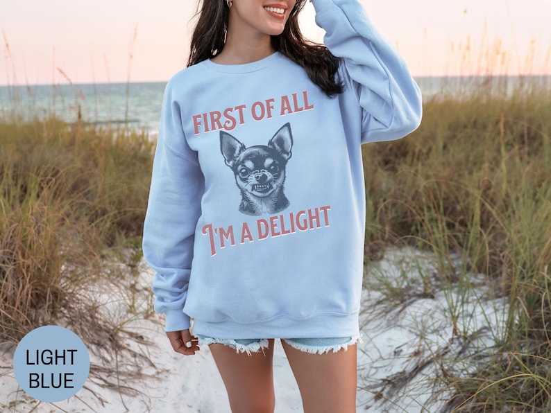 Retro First of All I'm a Delight Chihuahua Sweatshirt, Funny Chihuahua Shirt, Chihuahua Dog Mom Hoodie, Vintage Sarcastic Dog Mom Crewneck afbeelding 3