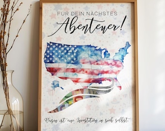 USA Reise Geldgeschenk zum ausdrucken | Wunscherfüller Abenteuer Amerika | Last Minute Geschenk | Sofort Download | Reisekasse Work & Travel