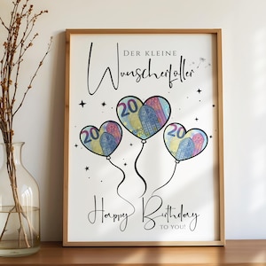 Puede incluir: Una impresión enmarcada con temática de cumpleaños. La obra presenta tres globos en forma de corazón, cada uno con un "20" en su interior, y llenos de patrones coloridos. Las palabras "Happy Birthday to you!" están escritas debajo.
