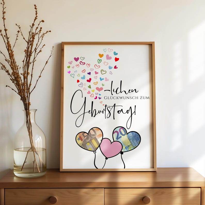 Geldgeschenk Geburtstag zum Ausdrucken als digitale Geburtstagskarte im Bilderrahmen. Kreativer Wunscherfüller Geburtstag mit Herzmotiv, ideal als Geschenkidee Geburtstag, DIY Geburtstagsgeschenk und Geldschein Geschenk zum Ausdrucken für Erwachsene und Jugendliche.