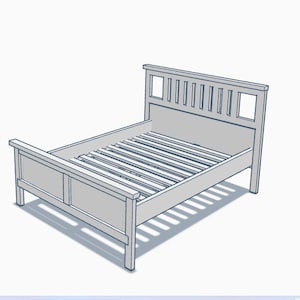 May include: A simple wooden bed frame with a slatted headboard and footboard. The frame is painted a light gray color.