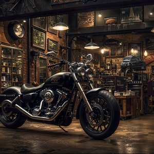 May include: A black motorcycle with chrome accents is parked in a dimly lit garage. The garage has exposed brick walls and wooden shelves stocked with bottles. The motorcycle has a large front tire and a single seat.