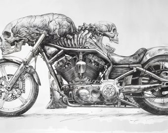 Druckbares Gemälde einer Kohlezeichnung eines Chopper-Motorrads mit einem menschlichen Schädel am Lenker und einem weiteren am Tank