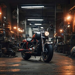 May include: A black and orange motorcycle with a chrome exhaust pipe and a black leather seat. The motorcycle is parked in a dimly lit garage with tools and equipment hanging on the walls.