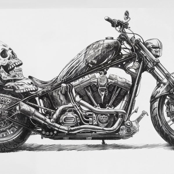 Printable painting of a charcoal drawing of a Chopper motorcycle with a skull on the back seat