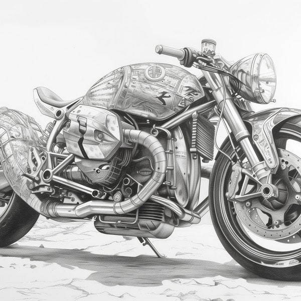 Printable painting of a black and white charcoal drawing of a BMW Ninet model motorcycle