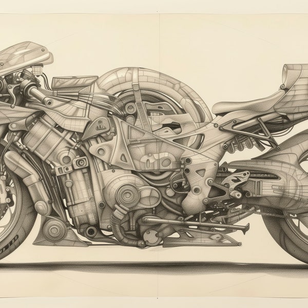 Printable painting of a sepia charcoal drawing of a sports motorcycle prototype