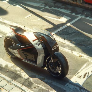 Puede incluir: Una motocicleta futurista de color negro y plateado con detalles rojos está aparcada en una calle de hormigón. La motocicleta tiene un diseño elegante con un solo faro y un perfil bajo.