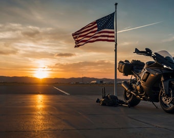 Printable picture of a sports motorcycle with suitcases and a US flag in the background