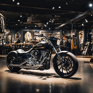 May include: A black custom motorcycle with chrome accents and a black leather seat. The motorcycle is in a retail store with shelves of merchandise in the background.