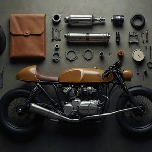 Puede incluir: Una motocicleta marrón con ruedas negras y un tubo de escape plateado. La motocicleta está rodeada de varias herramientas y piezas, incluyendo una bolsa de cuero, una llave y un juego de tuberías.
