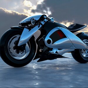 Puede incluir: Una motocicleta futurista plateada y negra con un diseño elegante. La motocicleta tiene un solo asiento y una gran rueda delantera.