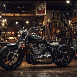 May include: A black motorcycle with chrome accents is parked in a dimly lit garage with wooden shelves and various items on display. The motorcycle has a black leather seat and a large front tyre.