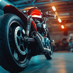 May include: A black motorcycle with a chrome exhaust pipe and a large rear tyre. The motorcycle is parked in a garage with other motorcycles in the background.