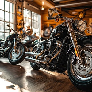 May include: Three black motorcycles parked in a garage with wooden walls and a large window. The motorcycles have chrome accents and are in focus. The garage is well-lit and has a rustic feel.