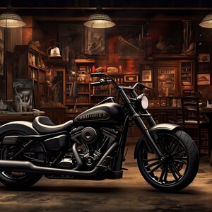 May include: A black custom motorcycle with a chrome exhaust and black wheels, parked in a dimly lit garage with wooden shelves and a bar in the background.