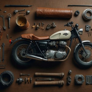 Pode incluir: Uma motocicleta de estilo vintage com alforjes de couro marrom e um tanque de combustível branco. A motocicleta está cercada por várias ferramentas e peças, incluindo um capacete de couro marrom, um rolo de couro marrom e uma variedade de peças metálicas.