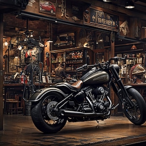 May include: A black motorcycle with a brown leather seat is displayed in a workshop with a vintage aesthetic. The shop features exposed brick, wooden shelves, and various tools. The motorcycle has silver detailing.