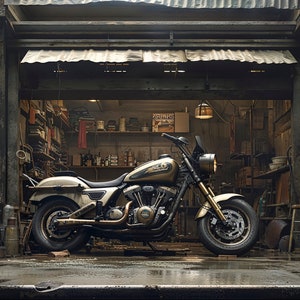 May include: A gold motorcycle parked in a garage with a cluttered workshop in the background. The motorcycle has a brown leather seat and a chrome exhaust pipe.