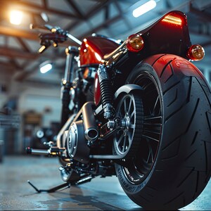 May include: A red motorcycle with a black tyre and chrome accents. The motorcycle is parked in a garage with a concrete floor.