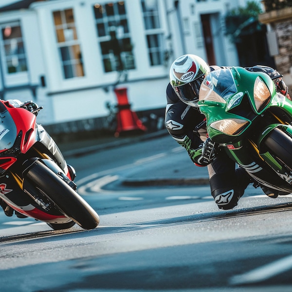 Printable picture of the Isle of Man TT Race on a closed circuit through the streets, taking a sharp bend