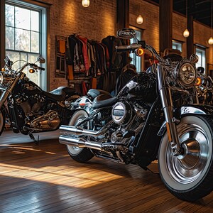 May include: Two black motorcycles parked in a garage with wooden floors. The motorcycle in the foreground has a chrome exhaust and a white-walled tyre. The motorcycle in the background has a chrome headlight and a black seat.