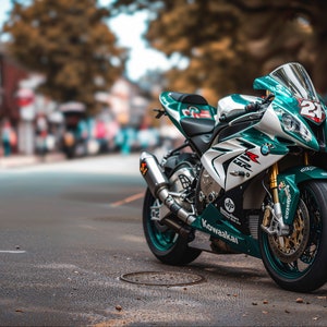 Printable picture of a racing motorcycle with people standing on the asphalt in the background, at the Isle of Man TT circuit.