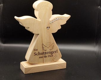 E24-Schutzengerl aus Zirbenholz  mit Swarovski-Strass und Beschriftung