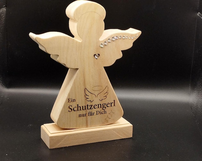 E24-Schutzengerl aus Zirbenholz  mit Swarovski-Strass und Beschriftung