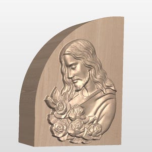 May include: A wooden plaque with a carved image of a person with long hair and a beard, holding a bouquet of roses. The plaque is shaped like a half-circle.
