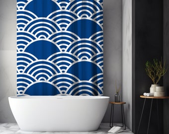 Blue Shower Curtain with Japanese Waves Pattern | Surfer Girls | Bathroom Decor | Blue Shower Curtain | welcome to the Ocean | white waves