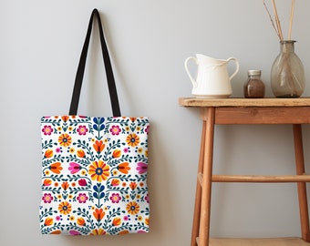 AOP Tote Bag with Scandinavian Floral design | unique gift for everyone | Big Tote Bag with black handles | Shopping Bag| Allday Bag| Scandi
