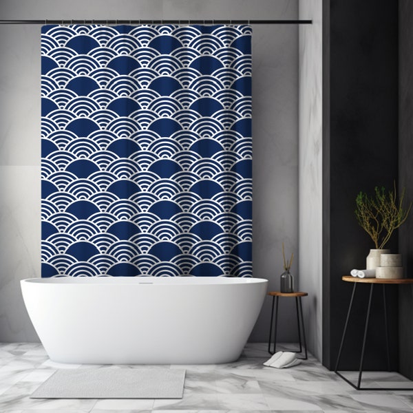 Blue Shower Curtain with Japanese Waves Pattern | Surfer Girls | Bathroom Decor | Blue Shower Curtain | welcome to the Ocean | white waves