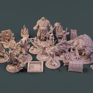 Könnte beinhalten: Ein Set mit 15 unbemalten Miniaturfiguren für Tabletop-Rollenspiele. Das Set enthält eine Vielzahl von Fantasy-Kreaturen, darunter einen großen Oger, einen Wolf und mehrere humanoide Figuren. Die Miniaturen sind aus hellgrauem Kunststoff gefertigt und bereit zum Bemalen.