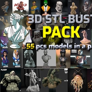 Puede incluir: Una colección de 55 modelos de bustos STL imprimibles en 3D. Los modelos son de varios personajes, incluyendo un busto de una mujer con un estilo griego clásico, un busto de un hombre con un traje de superhéroe y un busto de una criatura con una cara verde. El texto "3D STL BUST PACK" se muestra en letras grandes y amarillas.