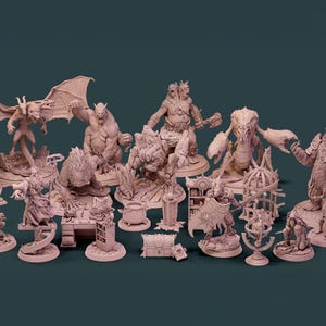 May include: A collection of 12 unpainted miniature figurines, including a demon, a bear, a goblin, a creature with claws, and a wizard. The figurines are made of a light brown plastic and are ready to be painted.
