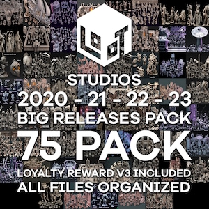 May include: A collection of miniature figurines and models, including fantasy creatures, buildings, and vehicles. The image features the text "STUDIOS 2020-21-22-23 BIG RELEASES PACK 75 PACK" and "LOYALTY REWARD V3 INCLUDED ALL FILES ORGANIZED".