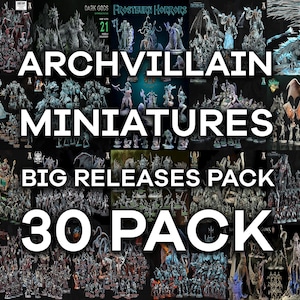Può includere: Immagine promozionale che mostra una collezione di miniature Archvillain. L'immagine presenta varie figure in miniatura, tra cui creature e personaggi fantasy. Il testo sull'immagine recita "Archvillain Miniatures Big Releases Pack 30 Pack."