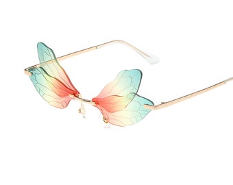 Cute Sunglasses Dragonfly Fairy Wing Butterfly Design Frameless Two Piece Statement Shades Stylish Summer Festival Fashion For Beach