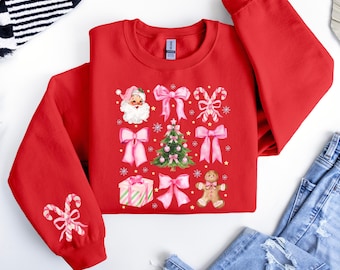 Girls Christmas Pink Bow Candy Sweatshirt ,Girls Christmas Sweatshirt ,Coquette Christmas Tree Sweater, Girls Pink Christmas Sweater