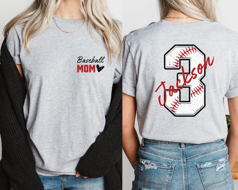 May include: Two gray t-shirts. One shirt has the text "Baseball Mom" with a black heart. The other shirt has a white baseball with red stitching and the number "3" with the text "Jackson" in red.