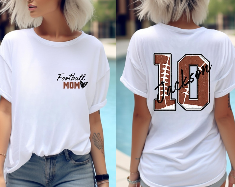 May include: White t-shirt with the text "Football Mom" and a heart on the front. The back of the shirt has a brown and white football design with the number "10" and the name "Jackson" written in cursive.